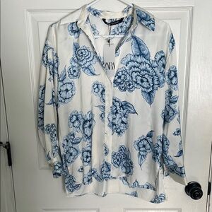 Zara White and Blue Floral Shirt